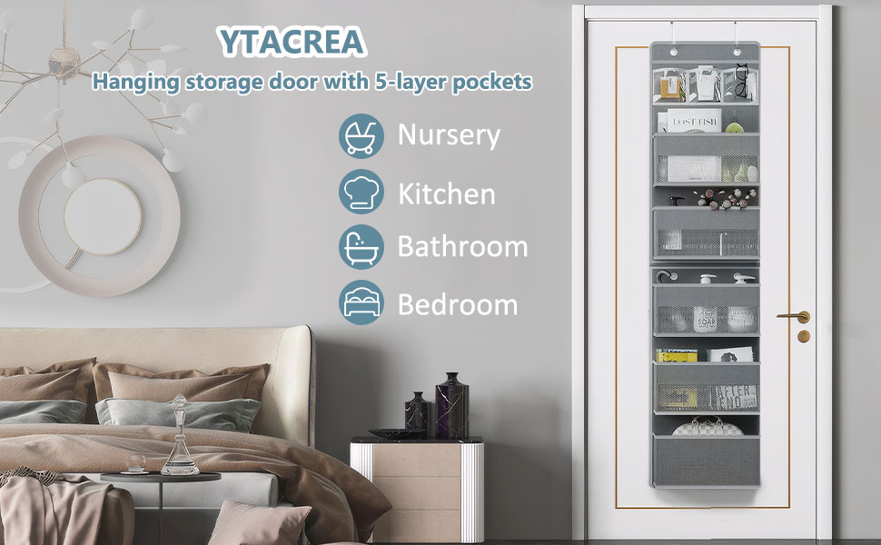 Органайзер для дверей, 5 кишень, з гачками, сірий. Організатор для ванної, шафи, кемпінгу, 150x36.5x14 см