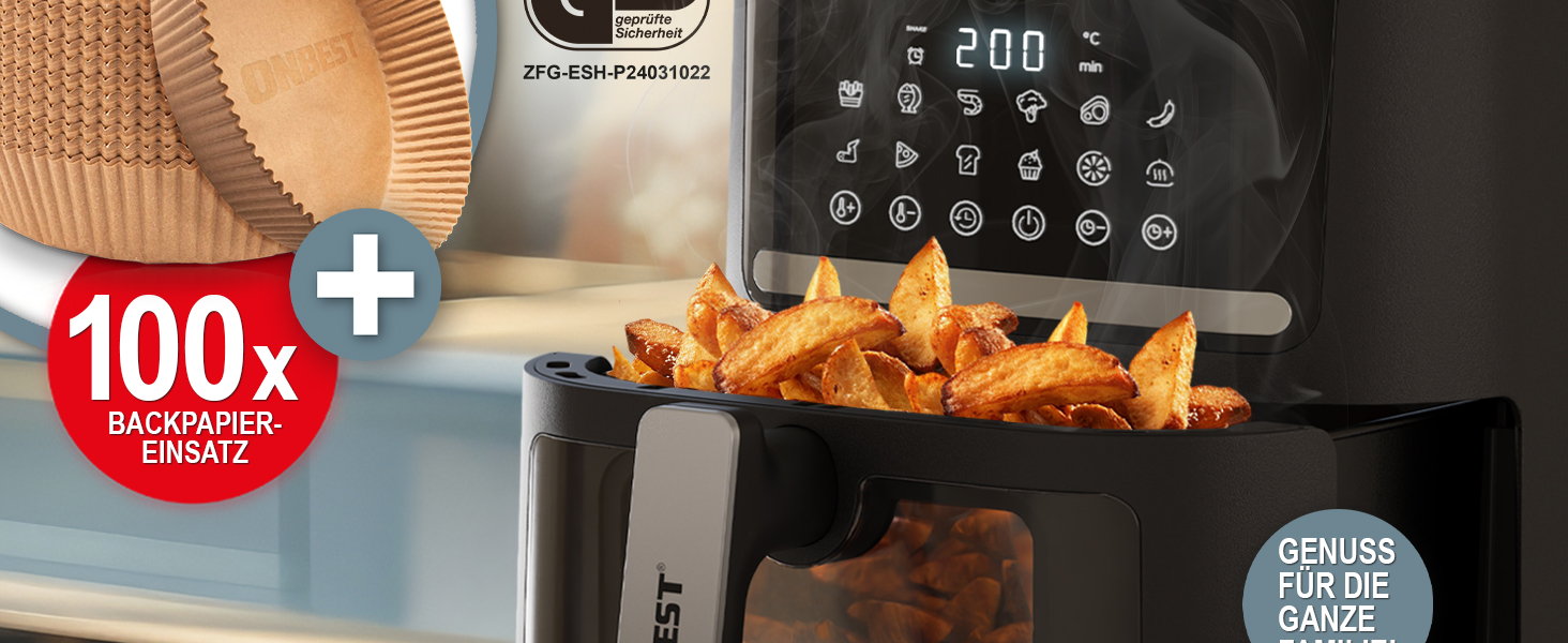 Фритюрниця ONBEST з великим оглядовим вікном та 12 програмами приготування – XL Airfryer об'ємом 6,5 л, 1600 Вт + 100 листів пергаментного паперу для випікання. Готування без олії для 2-5 осіб