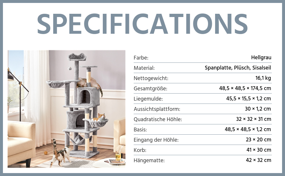 Кігтеточка Yaheetech XXL для котів, 175 см, для 3-4 котів, стабільна, з сизалевими стовпчиками, платформами, гамаком, м'ячиком, сірий колір