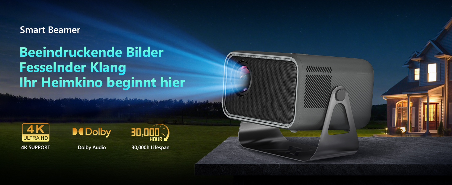 Beamer 4K для дому: 500 ANSI люмен, 1080P (підтримка 4K), автофокус, корекція трапецеїдального спотворення, WiFi 6, Bluetooth 5.0, Smart Beamer A-500ANSI