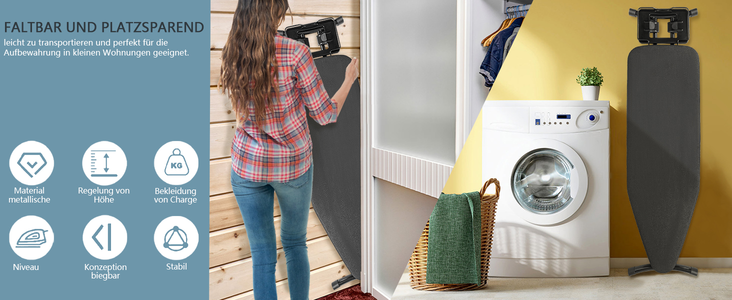 Відкидна прасувальна дошка з підставкою для праски, регульована по висоті, з неслизькими ніжками, компактна, чорна (122 x 38 см)