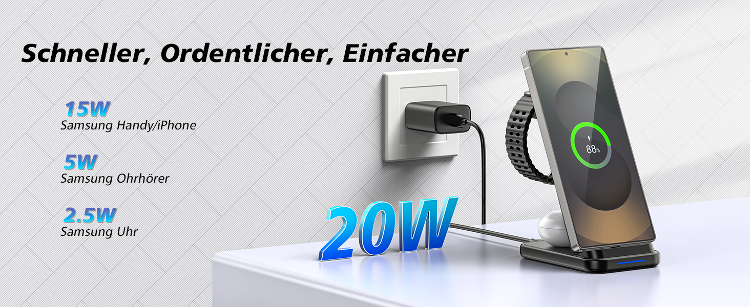 Бездротова зарядка 3-в-1 для Samsung: станція з подвійною котушкою, захистом від перевантаження та портативним дизайном для смартфонів, смарт-годинників та навушників