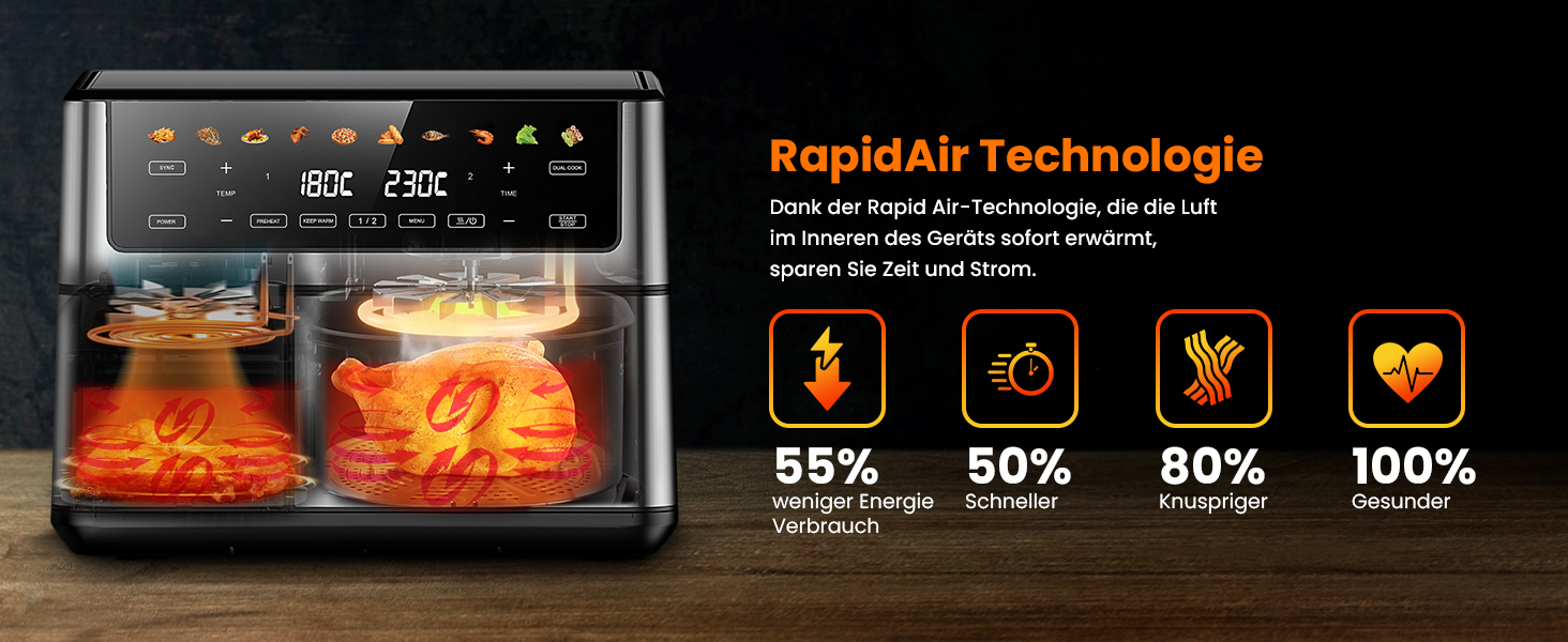 Фритюрниця Extralink 1400W з гарячим повітрям, 4.2L, 10 функцій приготування, LED-дисплей, економна, 90% менше жиру