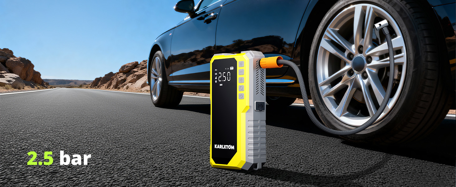Powerbank для авто Karlxtom з компресором 190PSI, 88Wh, 4500A, LED-ліхтар, LCD-дисплей, для бензинових та дизельних двигунів (до 10L)