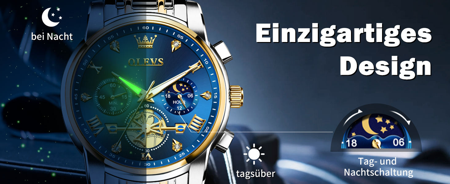 Чоловічий годинник-хронограф OLEVS: водонепроникний кварцовий годинник зі сталевим ремінцем (золото-срібло) та синім циферблатом, бізнес-стиль