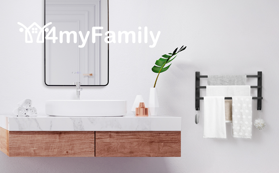 Тримач для рушників без свердління для ванної кімнати | Без бактерій | Приховані шурупи | Тримач для рушників з гачками - нержавіюча сталь SUS 304, чорний