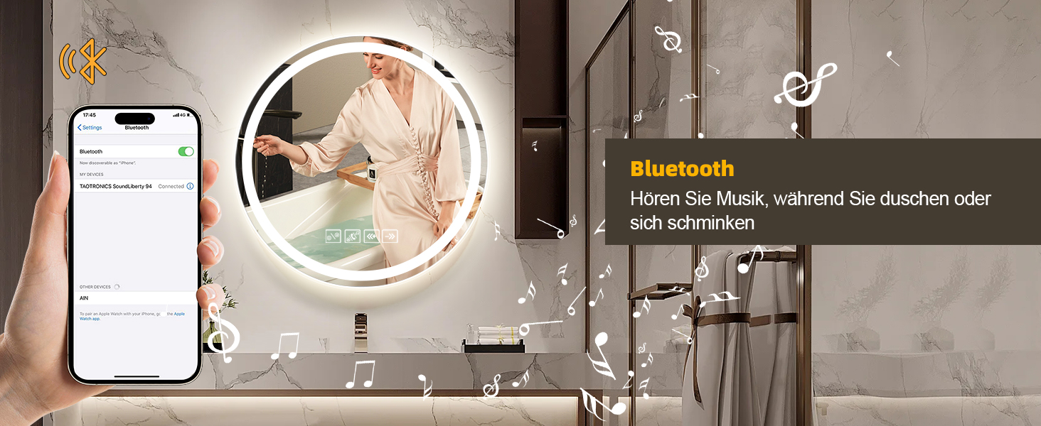 Круглий дзеркало для ванної кімнати з LED-підсвічуванням, 60 см, з функцією проти запотівання, сенсорним перемикачем та Bluetooth, регульована яскравість, 3000K/4000K/6500K, HD-загартоване скло, 600*600 мм