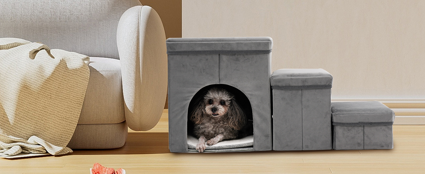 Сходинки для собак на 3 сходинки, 44 см, з місцем для зберігання. Підходить для маленьких собак та котів, зручні для літніх тварин (сірий)