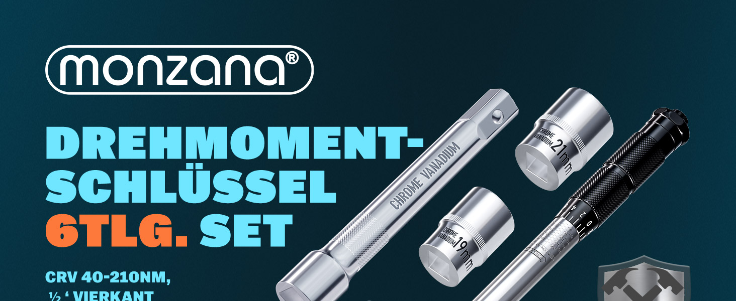 Набір динамометричних ключів Monzana 6 шт. 40-210 Нм 1/2'' CrV з тріскачкою, насадки 17/19/21 мм, подовжувач, кейс, для авто і мотоцикла, сертифікат TÜV Süd GS