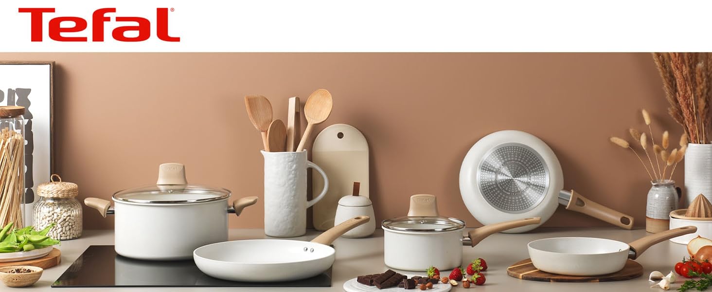Набір посуду Tefal Mineralia+ Stone White On, 7 предметів, антипригарне покриття, Thermo-Signal, для всіх типів плит, білий, G199S544