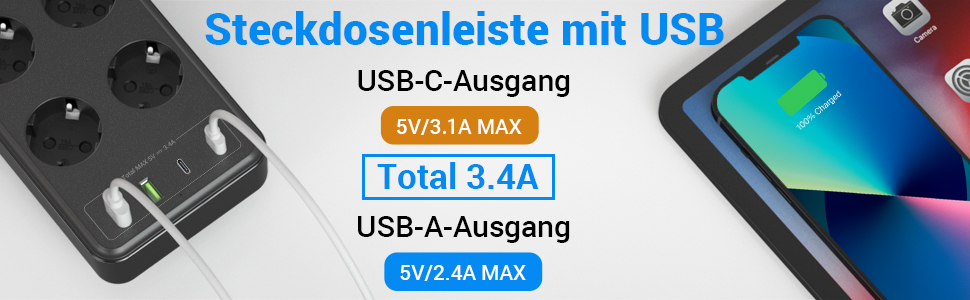Мережевий фільтр 8 розеток з USB C, USB A, захистом від перенапруги, адаптер розеток, з двома вимикачами, кабель 1.5м, чорний