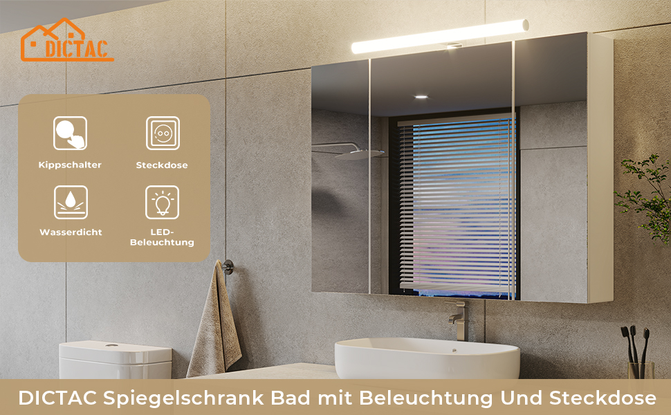 Шафа-дзеркало для ванної кімнати DICTAC з LED-підсвічуванням, розеткою та вимикачем світла (80x16x60 см), 3 дверцята, білий колір