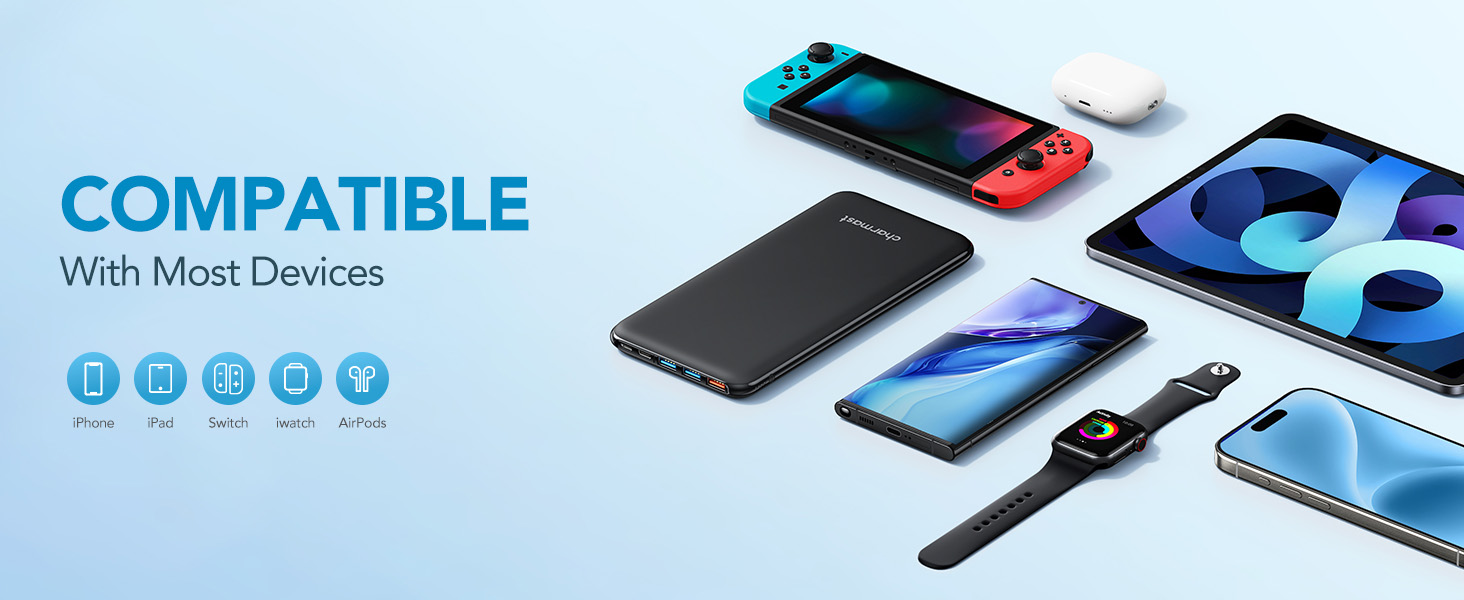 Power Bank Charmast 26800mAh з 4 виходами та 3 входами, USB-C, для iPhone, iPad, Samsung, чорний