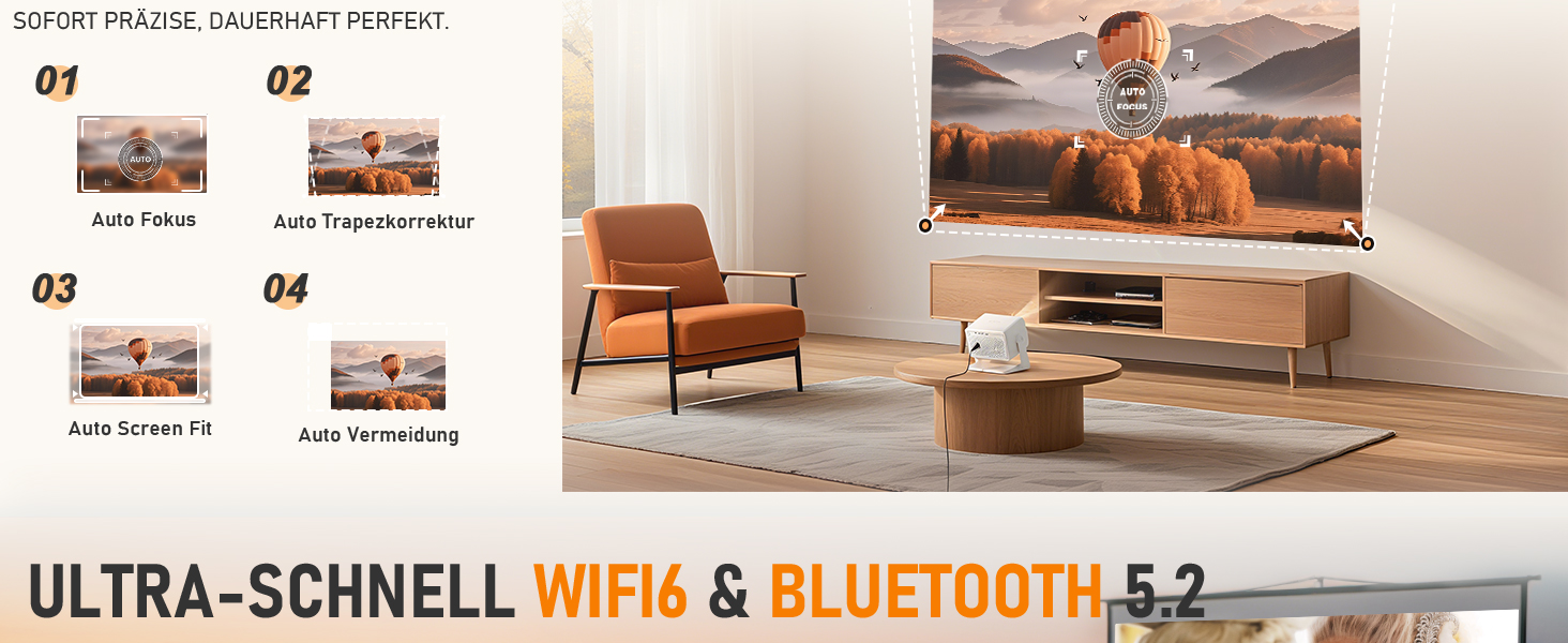 Міні проєктор Smart Beamer A-27000L з Wi-Fi 6, Bluetooth, підтримкою 4K та Netflix, Full HD 1080P, автофокусом та корекцією трапеції 6D для домашнього кінотеатру та використання на вулиці