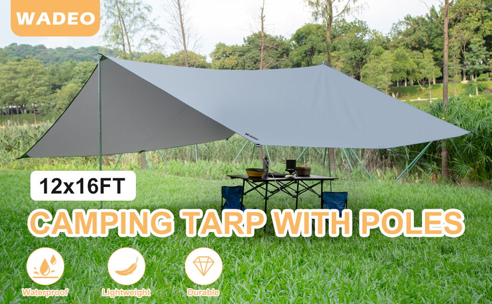 Тент для кемпінгу WADEO, 4x3 м, водонепроникний, з кілочками та стяжками, для пікніків та відпочинку на природі - Хакі (3,6м x 4,8м, Сірий)