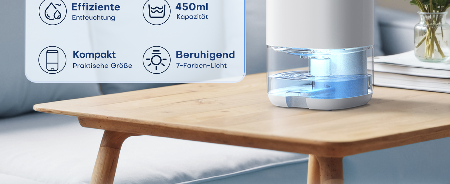 Електричний осушувач повітря CONOPUPlus 1000 мл з LED-підсвічуванням для дому, компактний та тихий, ідеальний для ванної кімнати та шафи