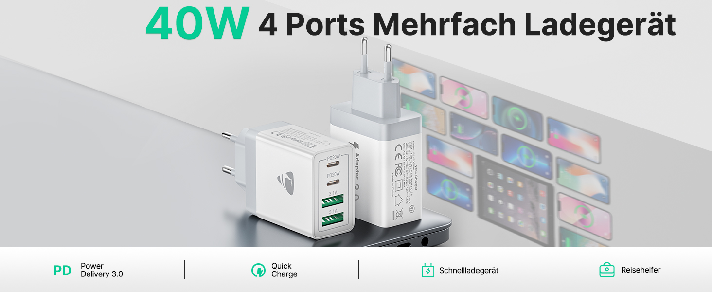 Подвійний зарядний пристрій USB-C Aioneus 40W з 4 портами PD+QC, багатопортовий адаптер живлення для iPhone 15, Samsung та інших смартфонів