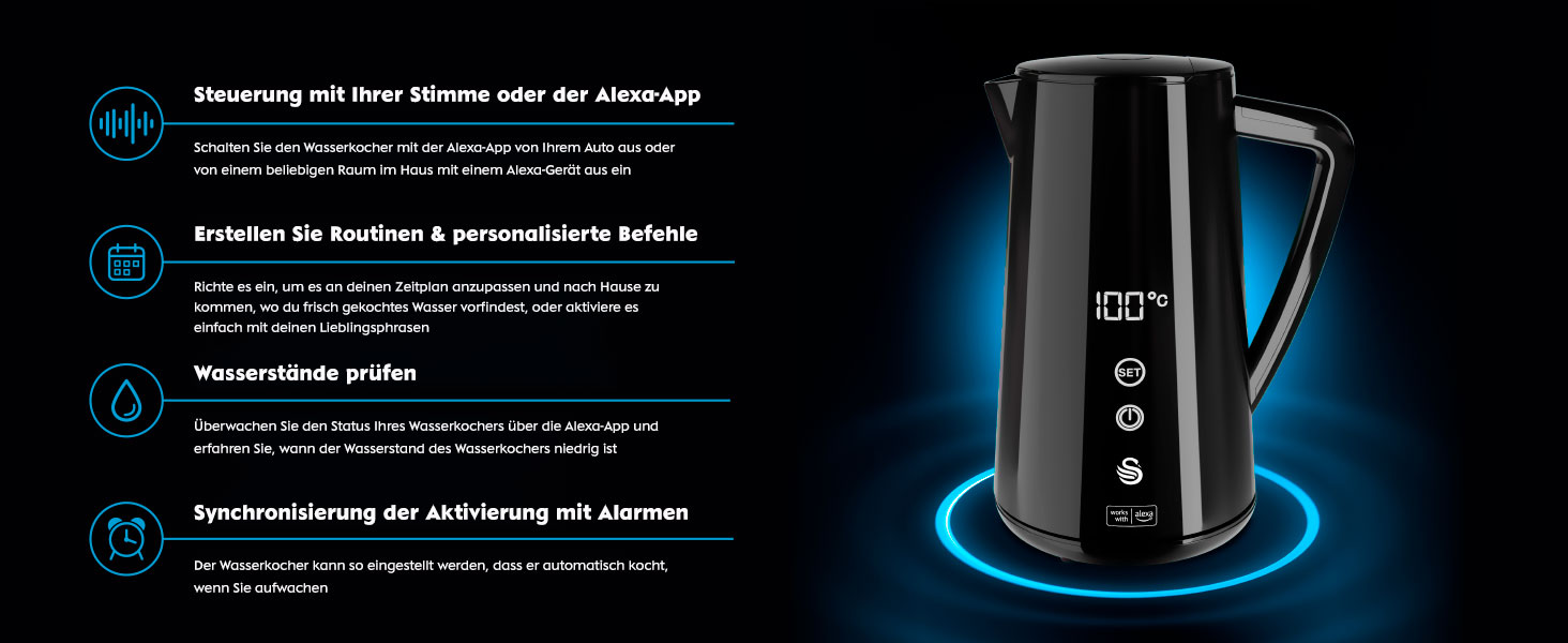 Чайник електричний Swan Alexa WIFI, 1.5л, з регулюванням температури, чорний, бездротовий, LED-сенсорний екран, функція підтримання тепла, Cool Touch, ізольована сталева стінка, 1800W, SK14650BLKNEU