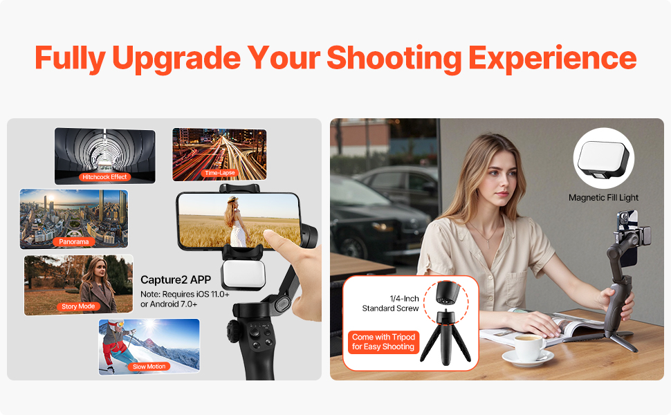 Стабілізатор Gimbal для смартфона VEVOR, 3-осьова стабілізація, трекінг облич/об'єктів, штатив, портативний та складаний, для відеозйомки, DC 3.5–4.2V (вбудована світлодіодна лампа, керування через додаток)