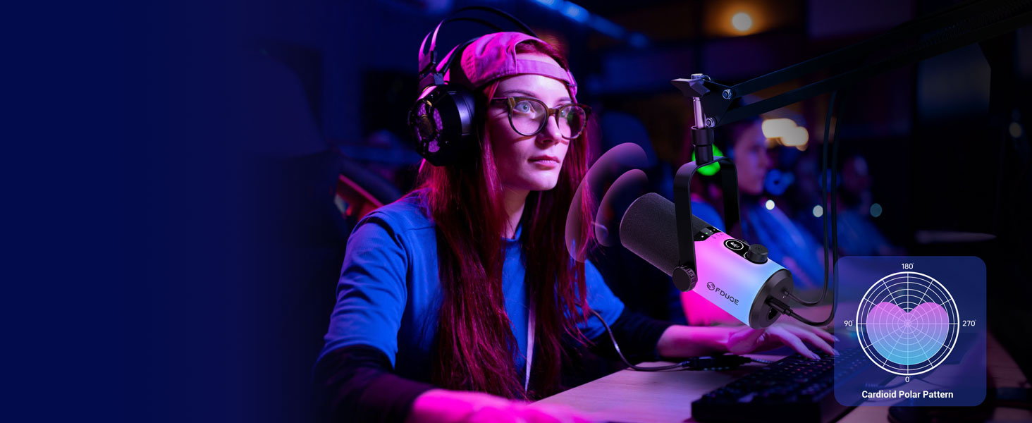 Ігровий мікрофон FDUCE з USB/XLR підключенням для стрімінгу, запису подкастів та співу з RGB-підсвіткою, регулятором посилення та навушниками (D20+)