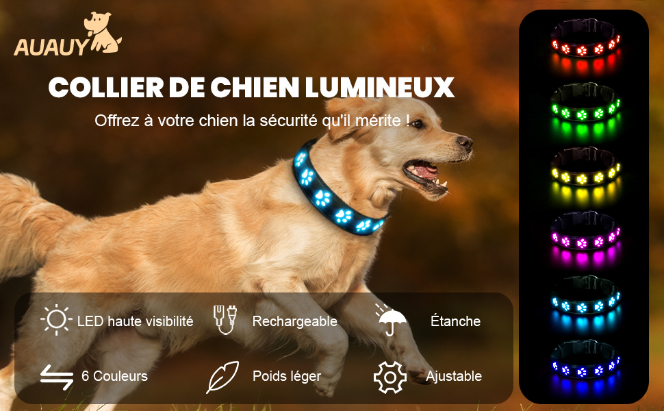 Світловідбиваючий нашийник для собак AUAUY з LED підсвіткою, USB-зарядка, водонепроникний, регульований, для малих, середніх та великих собак, 6 кольорів, Colorful S (30-40 см)
