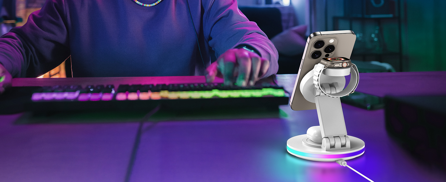 Бездротова зарядка MagSafe 3-в-1: зарядний стан для Apple Watch, iPhone 16/15/14 з нічним світлом, поворотний