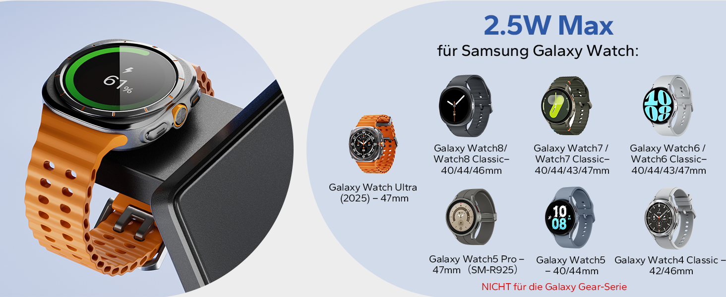 Бездротова зарядна станція 3-в-1 KPON для Samsung Galaxy Watch та смартфонів (S26/S25/S24/S23/S22/Z Flip/Fold, Buds) - Чорна, складна, індуктивне заряджання