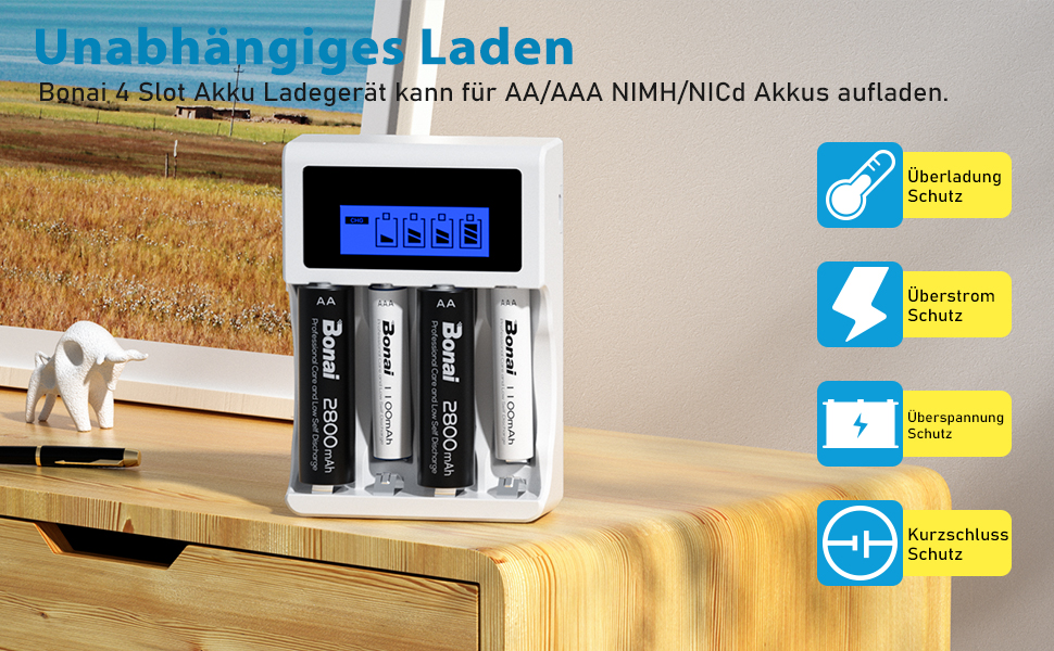 Зарядний пристрій BONAI для акумуляторів 4 слоти LCD, для AA/AAA NI-MH NI-CD акумуляторів, з 4 шт. акумуляторами 2800mAh AA та 1100mAh AAA