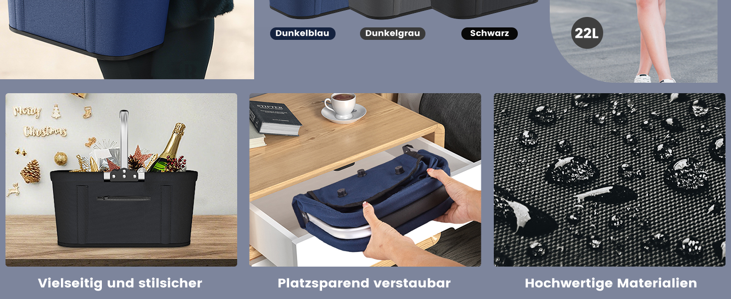 Складаний кошик для покупок 30L з 4 стійками | Міцний кошик для перенесення та пікнік | Великий кошик для сім'ї (46x27x25cm) | З м'якими ручками | Для покупок, подорожей, кемпінгу (Чорний)