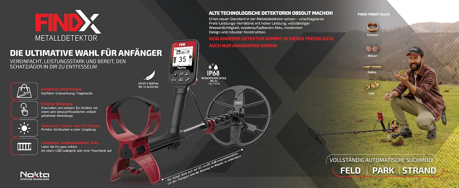 Металодетектор Nokta Profi: водонепроникний, з пошуковою котушкою 28см, для пошуку золота, з Pinpoint, USB-зарядка, 4 режими, для професійного використання