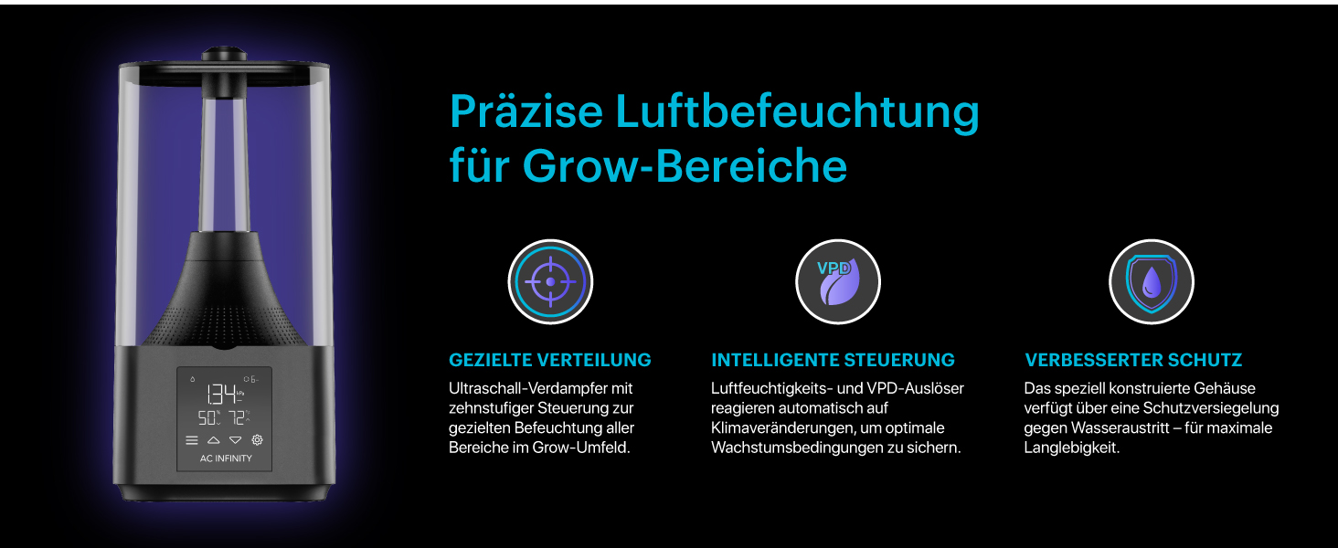 AC Infinity CLOUDFORGE T3 – Увлажнитель воздуха для растений 4.5 л с контролем VPD, 10-ступенчатый распылитель, удлиняемый шланг, защита от протечек, для гроубоксов