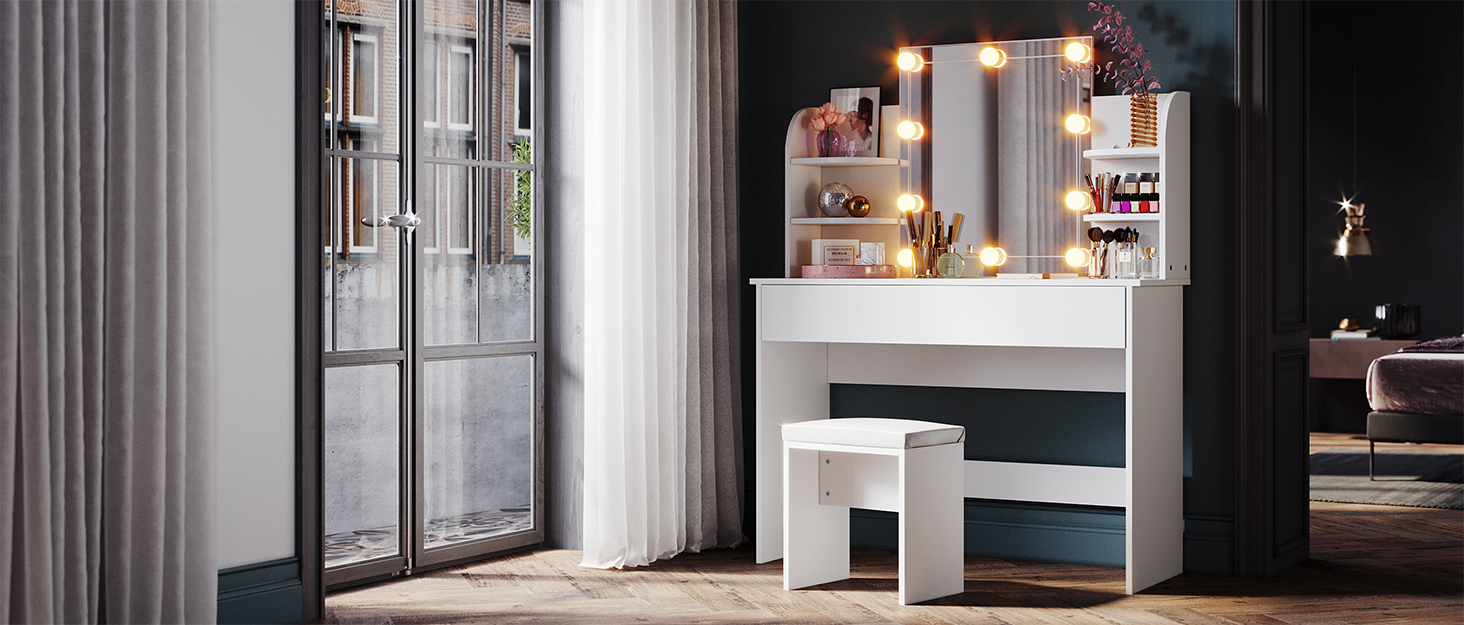 Туалетний столик SONNI з LED-підсвіткою, дзеркалом HD, 3 кольори, 10 рівнів яскравості, з шухлядами, чорний, 80x40x140 см – косметичний стіл для спальні