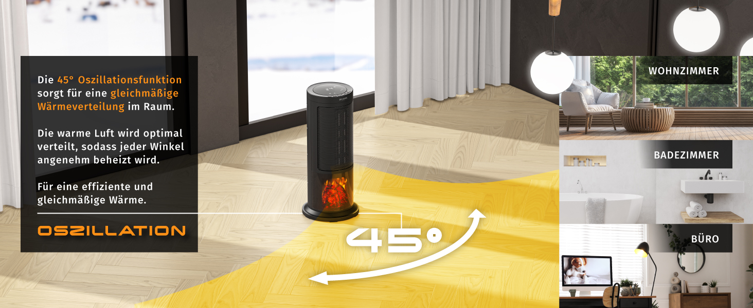 Електричний обігрівач Brandson з ефектом каміна: тихий, енергоефективний, з дистанційним керуванням, таймером, для ванної, вітальні, офісу, дитячої кімнати (чорний)