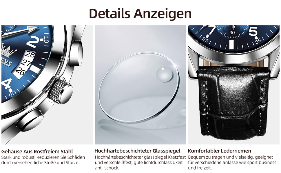 Годинник чоловічий OLEVS Vintage з шкіряним ремінцем, велике циферблат, водостійкий, з датою (2878, блакитний циферблат/чорний ремінець)