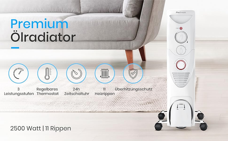 Електричний масляний радіатор Pro Breeze 2500W з термостатом та таймером - білий
