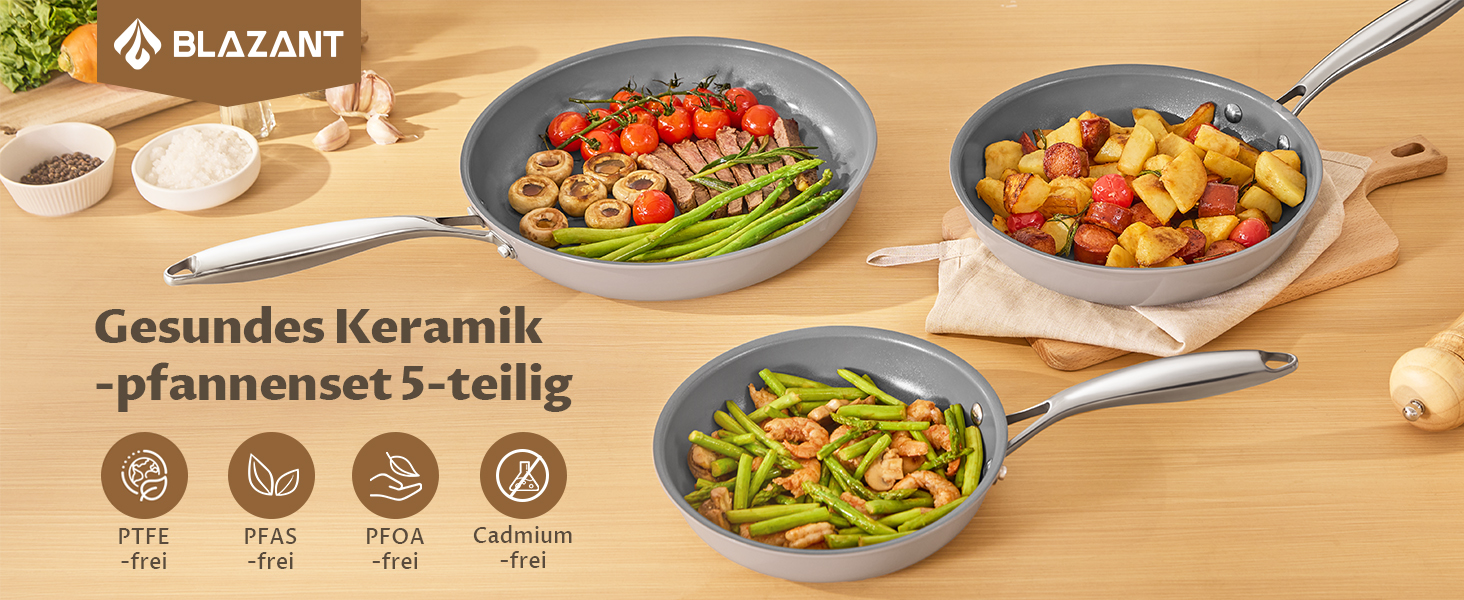 Набір сковорідок Induktion 5-ти частинний, антипригарне покриття, 20/24/28 см, молекулярно зв'язане дно, без PTFE, сумісний з усіма плитами, для духовки, сірий