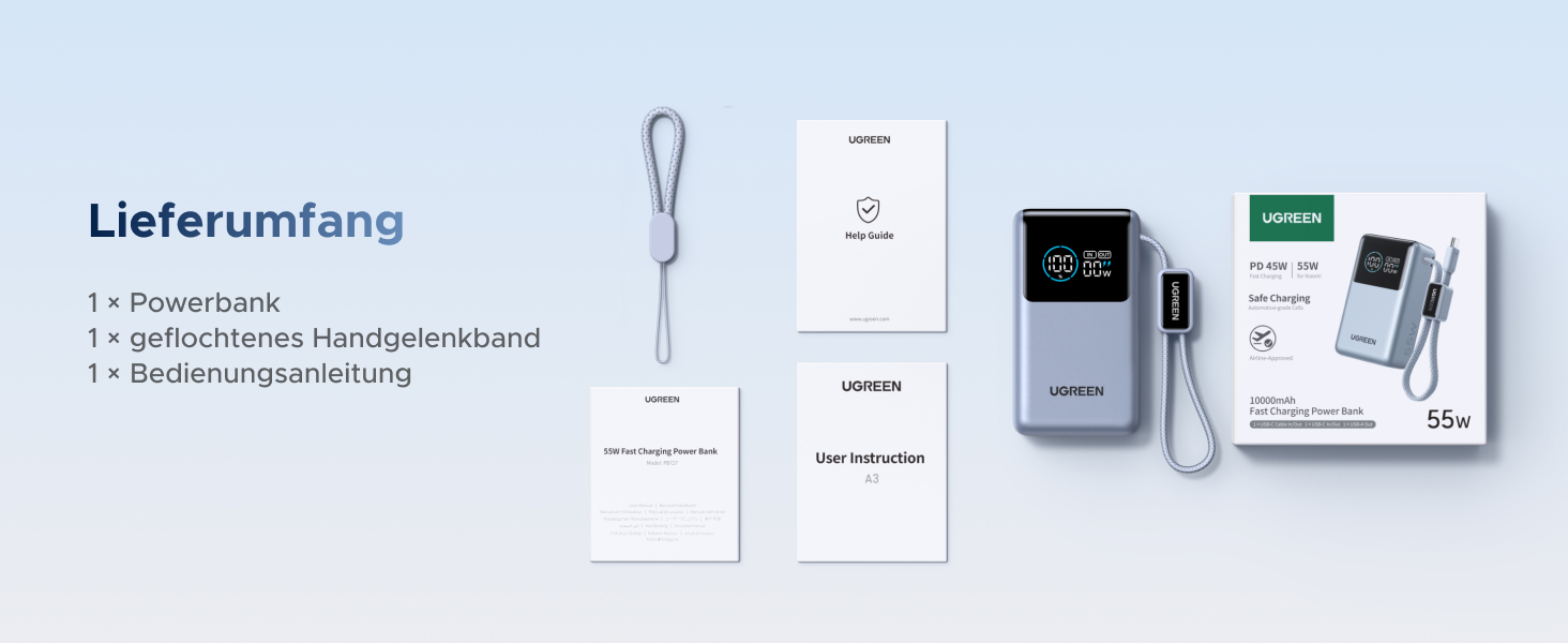 Power Bank UGREEN 10000mAh 55W з кабелем, PD 45W, Mi Turbo Charge для Xiaomi, сумісний з iPhone 15/16/17, блакитний