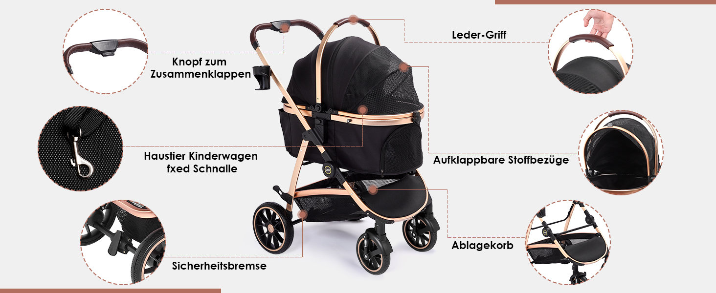 Трансформер для собак, візок-кішочка, складний, до 25 кг, з алюмінієвим каркасом, поворотні колеса, гальма, страховка, зручне сидіння (Чорний)