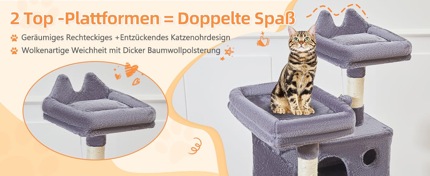 Дерев'яний комплекс для котів Taoqimiao MS026W (темно-сірий, 146 см) з будиночками, гамаком та 8 стовпчиками для шліфування кігтів