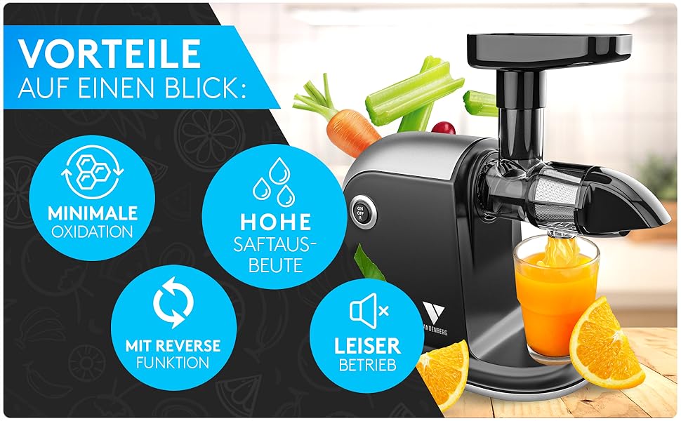 Vandenberg Slow Juicer - повільний відцентровий соковичавник для овочів та фруктів, 150W, з функцією реверсу, BPA Free