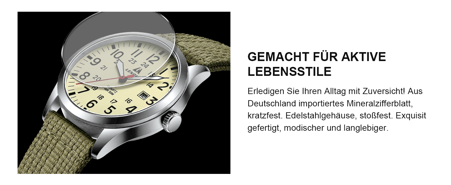 Годинник чоловічий LN LENQIN Military 30M водонепроникні, аналогові кварцові годинники з датою, нейлоновий ремінь, тактичний спортивний годинник (06- світло-зелений сріблястий жовтий)