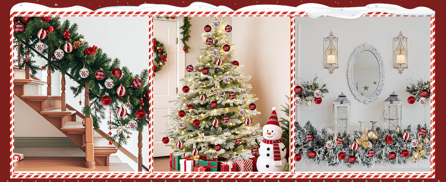 Набір прикрас на ялинку 40 шт. червоно-білі, 6 см, пластикові, з підвісками, небрудні, різноманітні поверхні та візерунки, для внутрішнього та зовнішнього використання