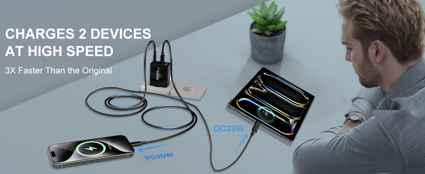 Подвійний зарядний пристрій USB-C 40W з 4 портами (USB-C та USB-A), PD 3.0, для iPhone, Samsung, iPad, Tablet, 2 шт., чорний