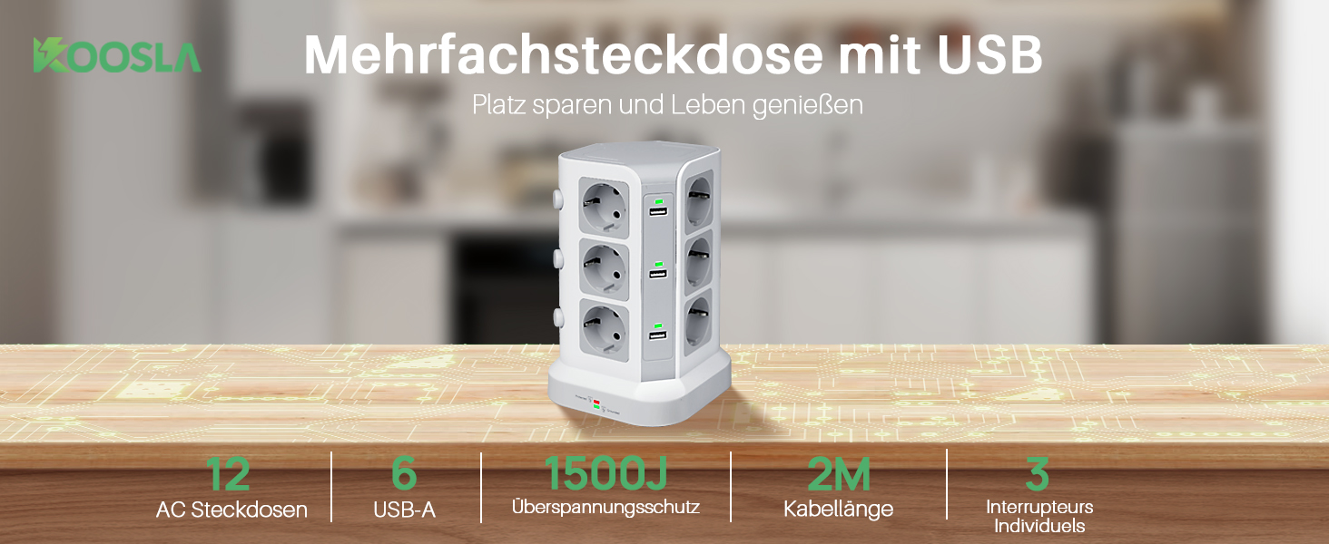Мережевий фільтр KOOSLA на 12 розеток та 6 USB-портів, подовжувач-вежа з індивідуальними вимикачами, захист від перенапруги, 4000W/16A, кабель 2м, білий