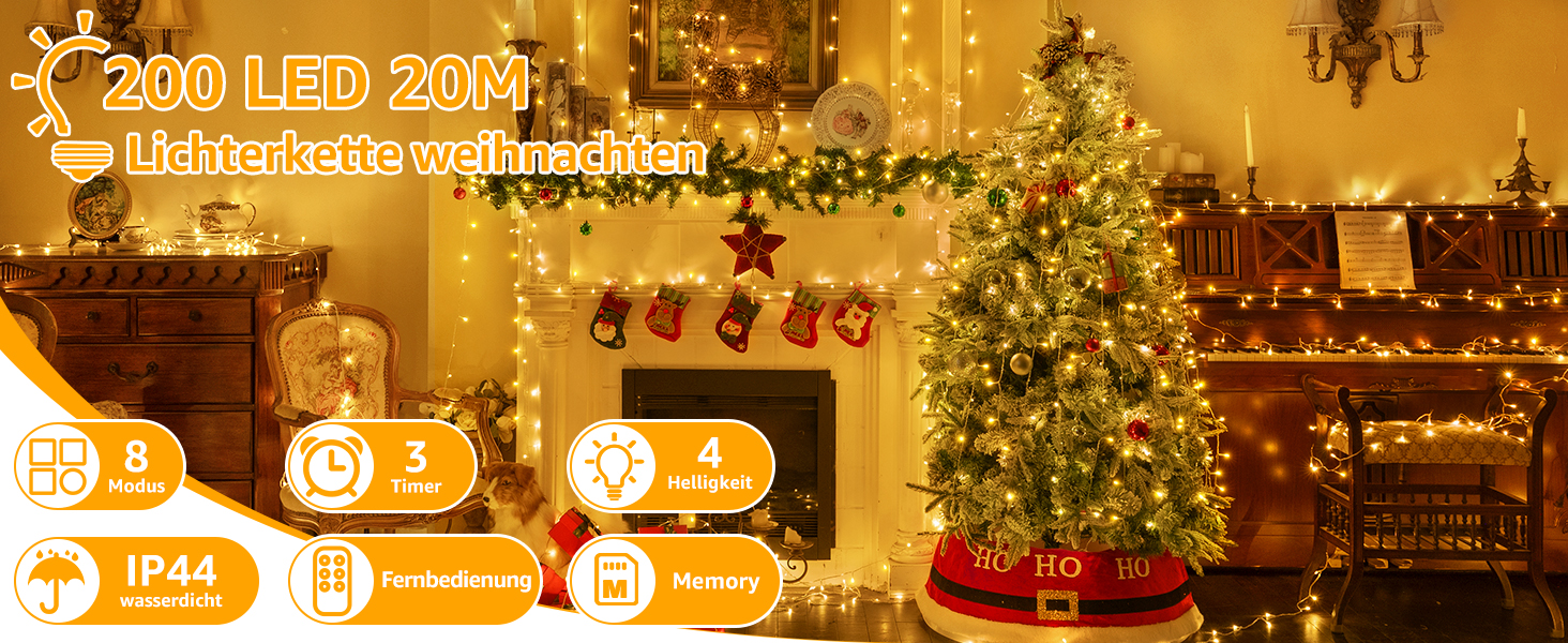 Ланцюжок прикрас Ollny 20м, 200 LED, з пультом та таймером, 8 режимів, IP44, теплий білий