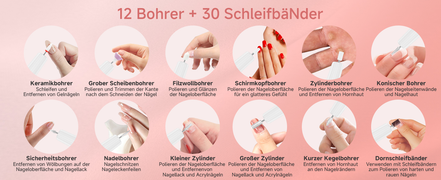 Електрична фрезер для нігтів 12 в 1 - Набір для манікюру з 5 швидкостями, 20000 об/хв, для гелю, акрилу та натуральних нігтів (білий)