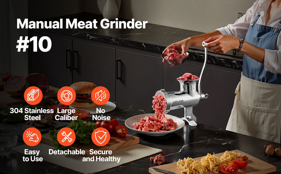М'ясорубка ручна VEVOR з нержавіючої сталі, з присоскою та насадками для ковбас, для дому, кухні, ресторану, м'ясного магазину #10