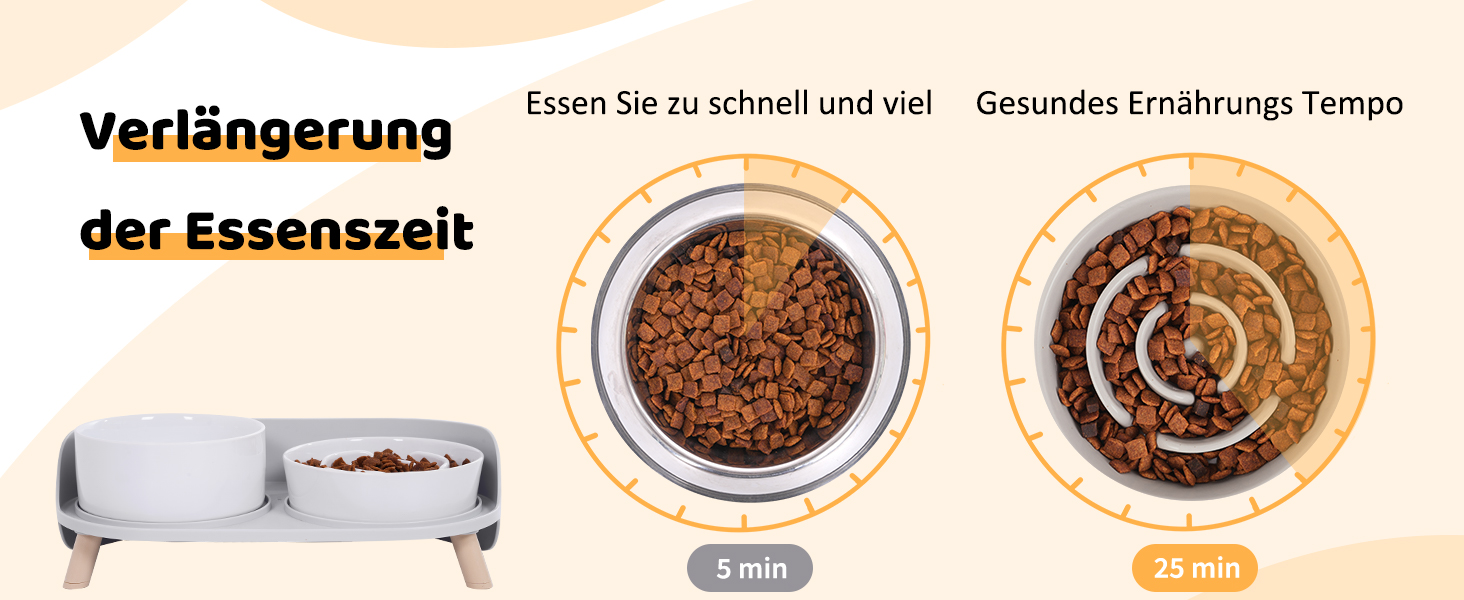 Набір мисок для собак з кераміки, піднятий на платформі: миска для повільного годування, набір з двох мисок для маленьких та середніх собак, годівниця та поїлка з антиковзним підставкою, колір - білий