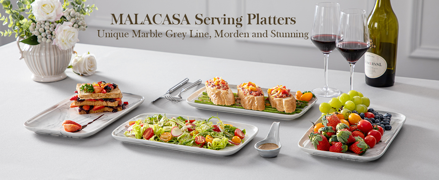 Сервірна таця MALACASA з порцеляни, набір 4 шт. прямокутна, 25 x 14 см, білий мармуровий колір. Ідеально для буфетів, суші, закусок та тортів вдома та в ресторані.