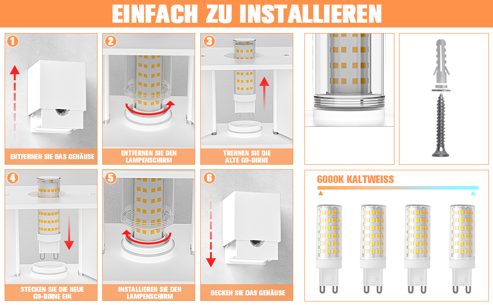 Настінне освітлення YrgePowk 2 шт. з LED лампою G9, зовнішнє та внутрішнє, IP65, регульований кут освітлення, чорний, 4 шт. (білий 6000K)